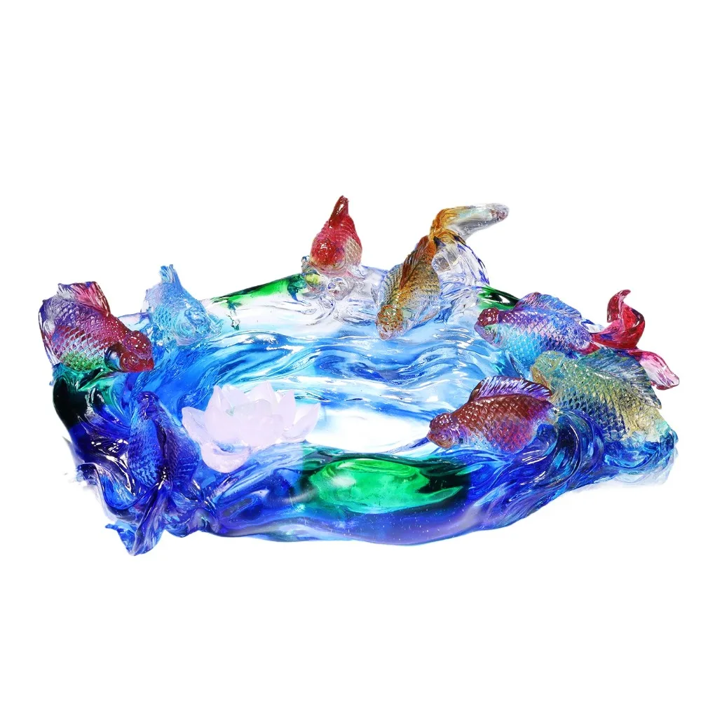 crystal glass bowl lotus flower fish sculpture handmade prosperity decoration home office lucky charm