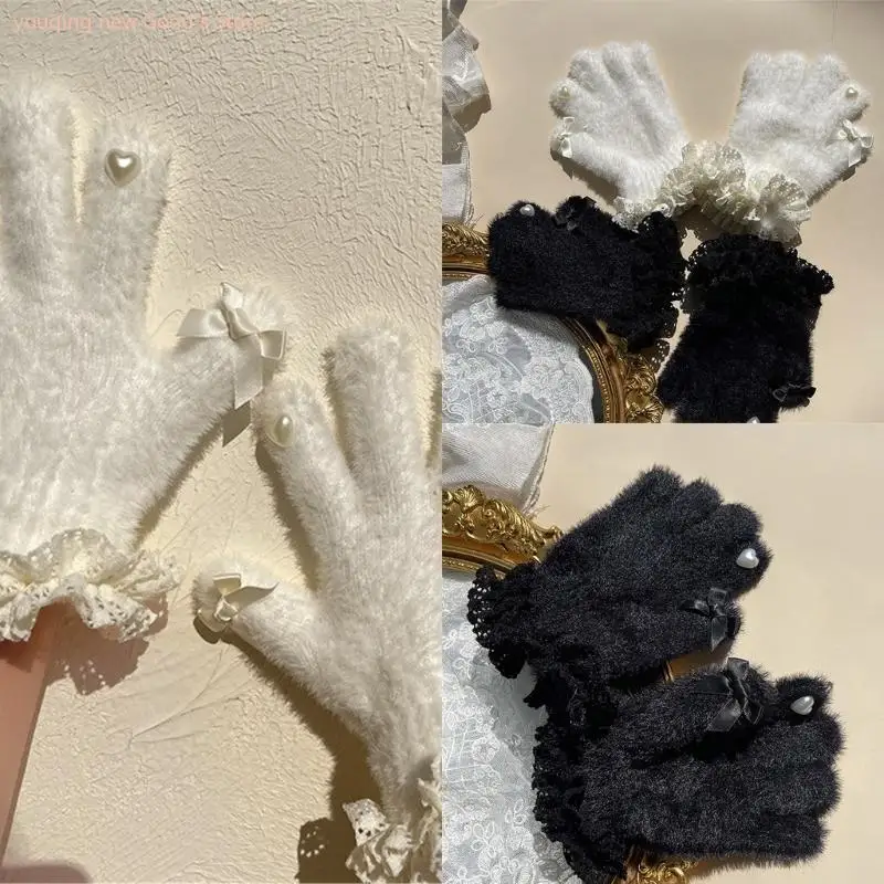 

49ME Kids Girls Winter Warm Gloves Ruffle Lace Trim Solid Color Princess Plush Gloves Bowknot Heart Full Finger Gloves