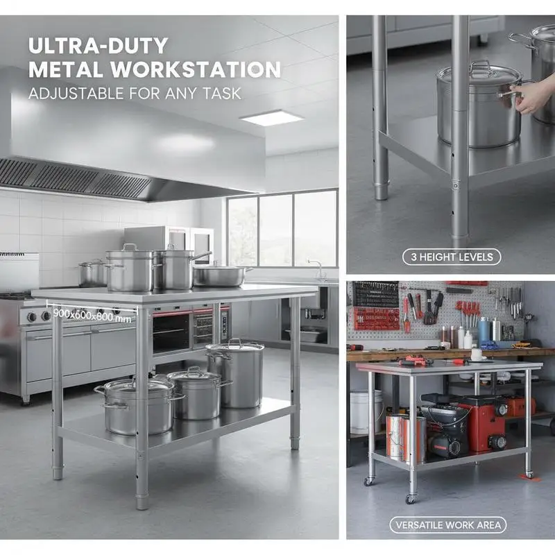 Metal Workstation 900x600x800 Mm for Kitchen Garage Restaurant, 700 Lbs Load Capacity Heavy Duty Adjustable Height Levels Commercial Prep Table - view 3
