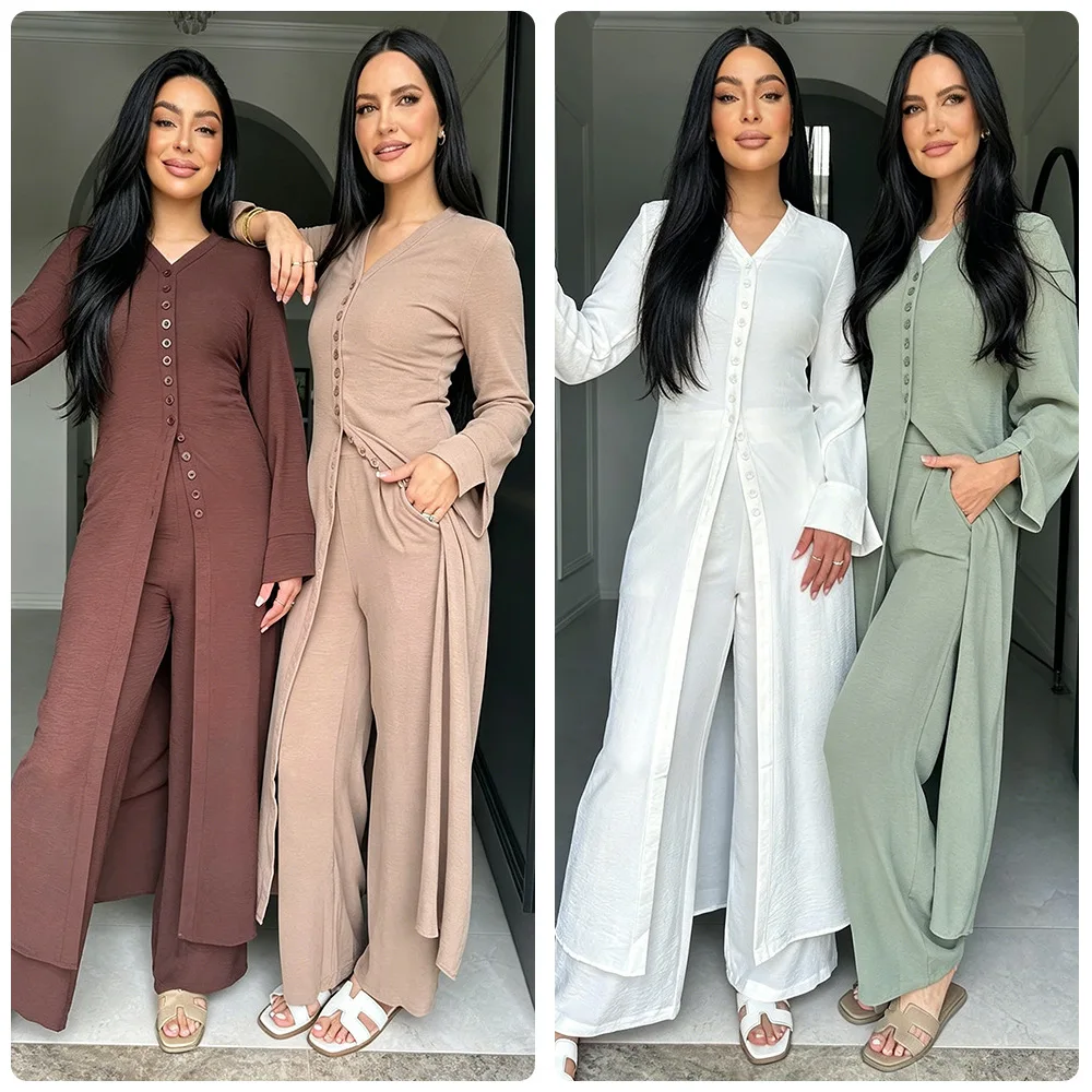 2026  Outside V-neck Single-breasted Cardigan Long Jacket High Waist Wide Leg Loose Straight Pants Two-piece Set Cw84851