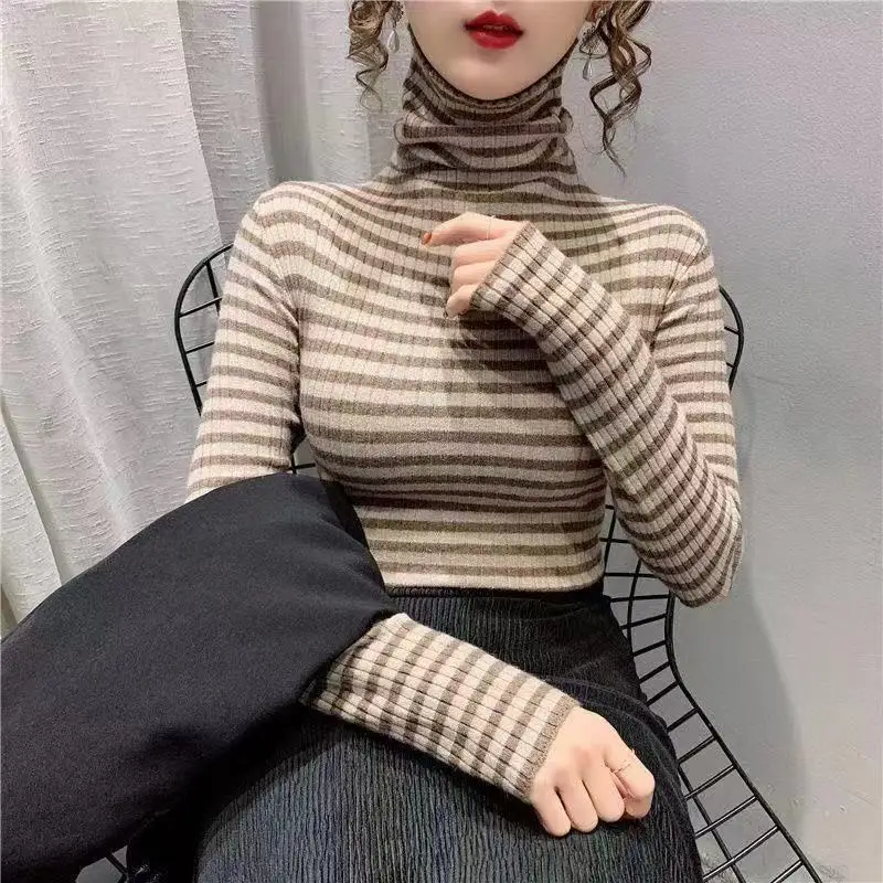 Autumn and Winter Women\'s Pullover Turtleneck Patchwork Striped Slim Underlay Fashion Casual Elegant Commuter Long Sleeve Tops