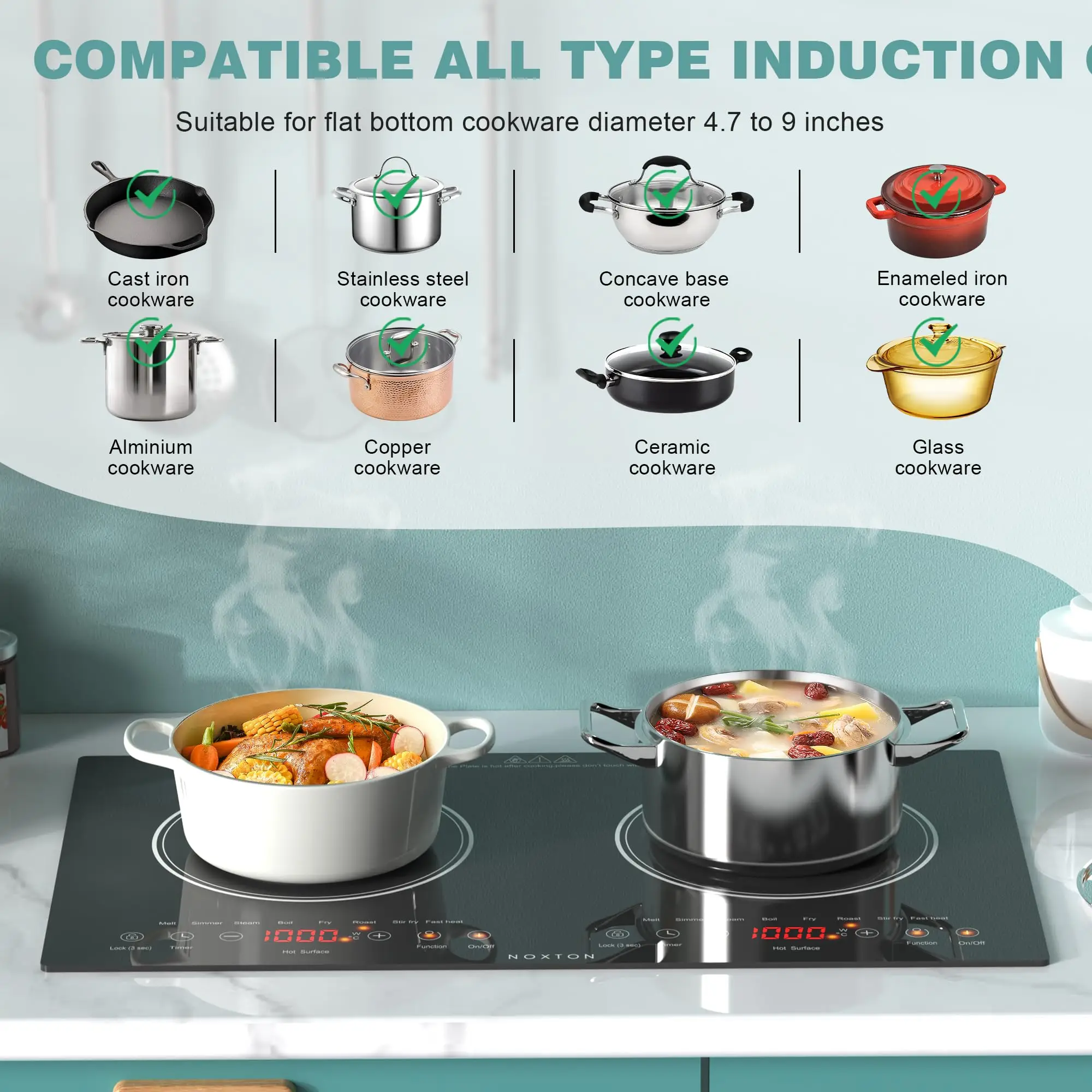 Noxton 2-Brenner-Elektrokochfeld, 61 cm eingebauter und Arbeitsplattenherd, Keramikkochfeld mit zwei Brennern, tragbares 110-V-Steckkochfeld