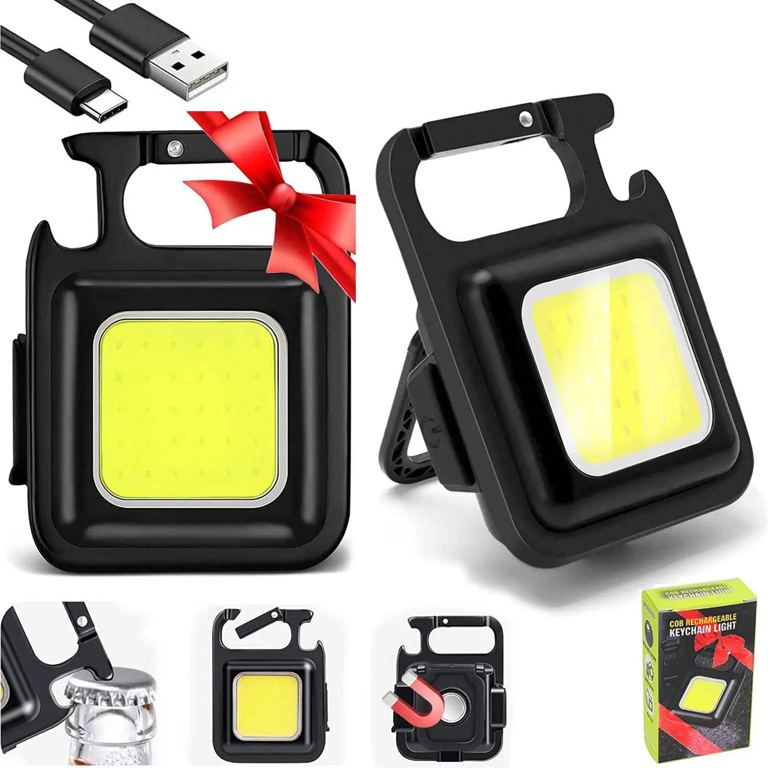 

2pcs Keychain Flashlights 1000Lumens COB Keychain Work Light with Base&Folding Bracket Bottle Opener for Father's Day Gift