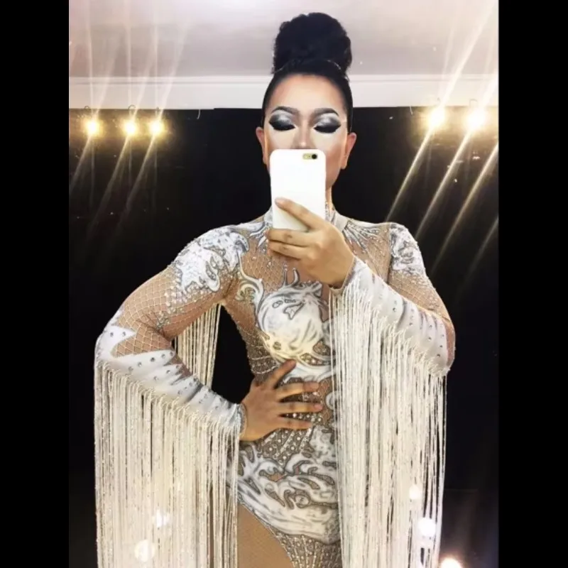 

Sparkly Rhinestones Tassel Sleeve Bodysuit Women Singer Drag Queen Costume Nightclub DJ Dancer Concert Performance Stage Wear