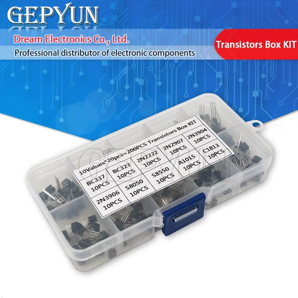 10value 200PCS BC337 BC327 2N2222 2N2907 2N3904 2N3906 S8050 S8550 A1015 C1815 Transistor Assortment Kit Transistors Box Pack