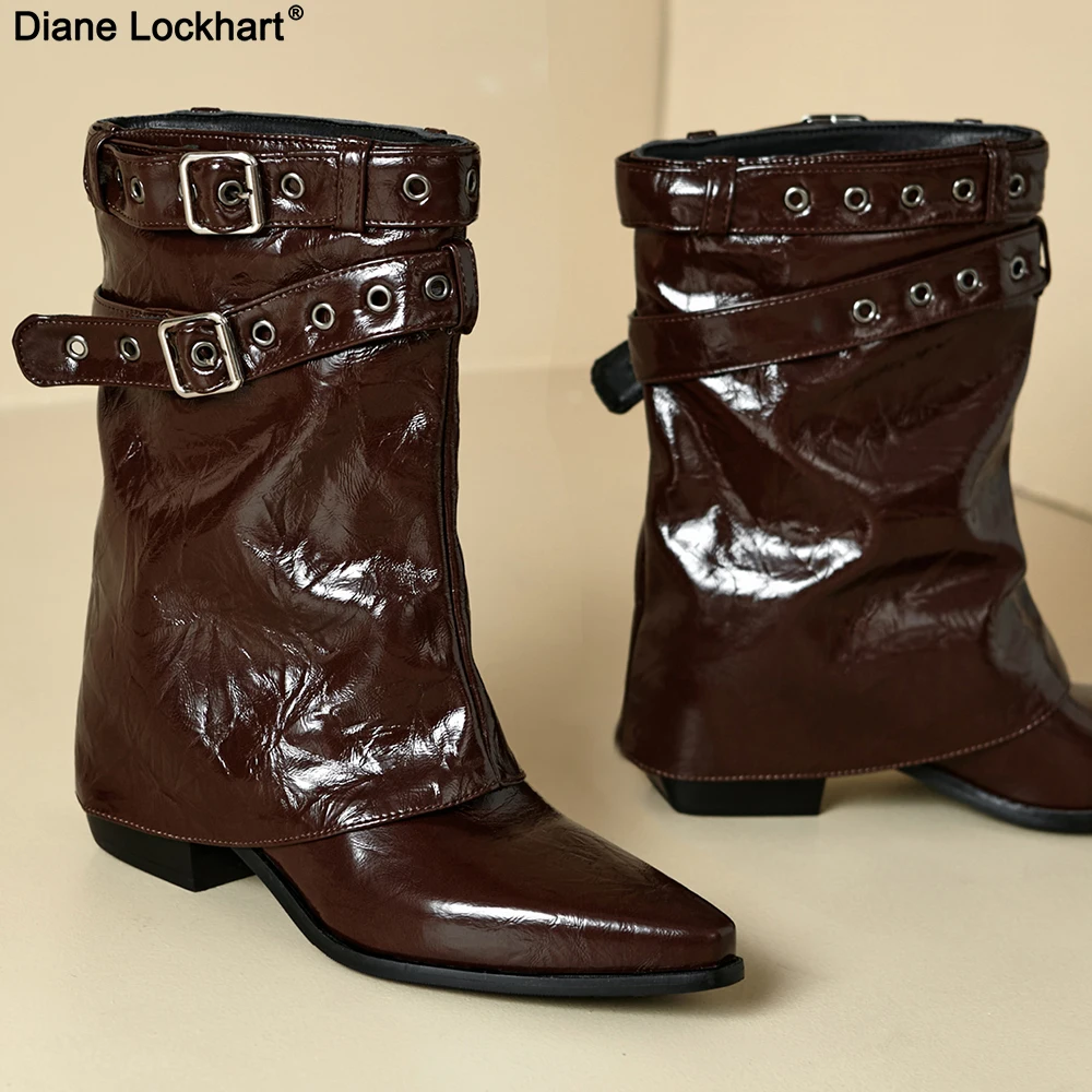 

2025 новые модные женские ботильоны в стиле вестерн с острым носком, элегантная обувь на толстом каблуке, женские короткие ботильоны с пряжкой на ремне, Zapatos Mujer