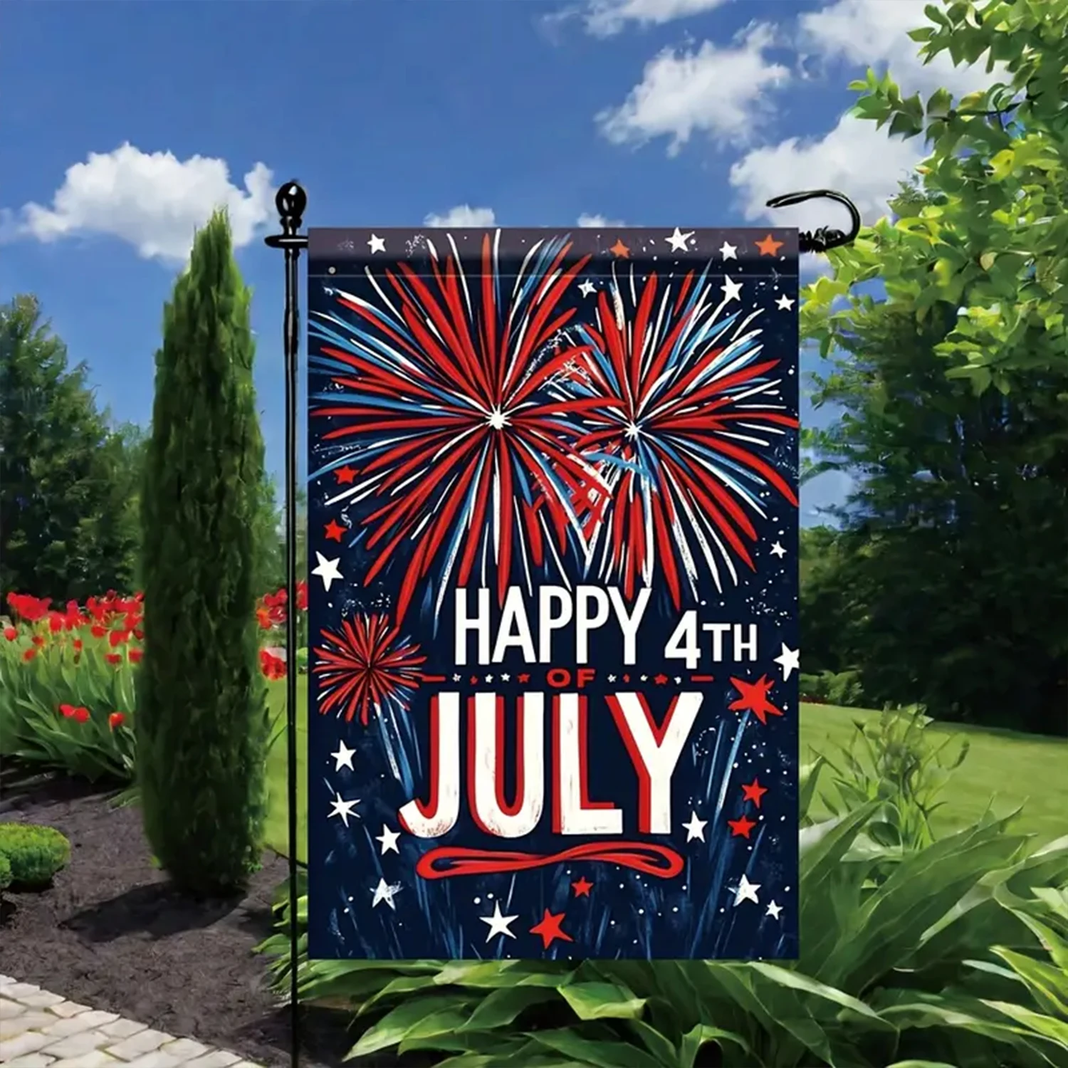 New Independence Day fireworks Red blue balloons garden flag background Party signs decorate spring, outdoor, house decorations