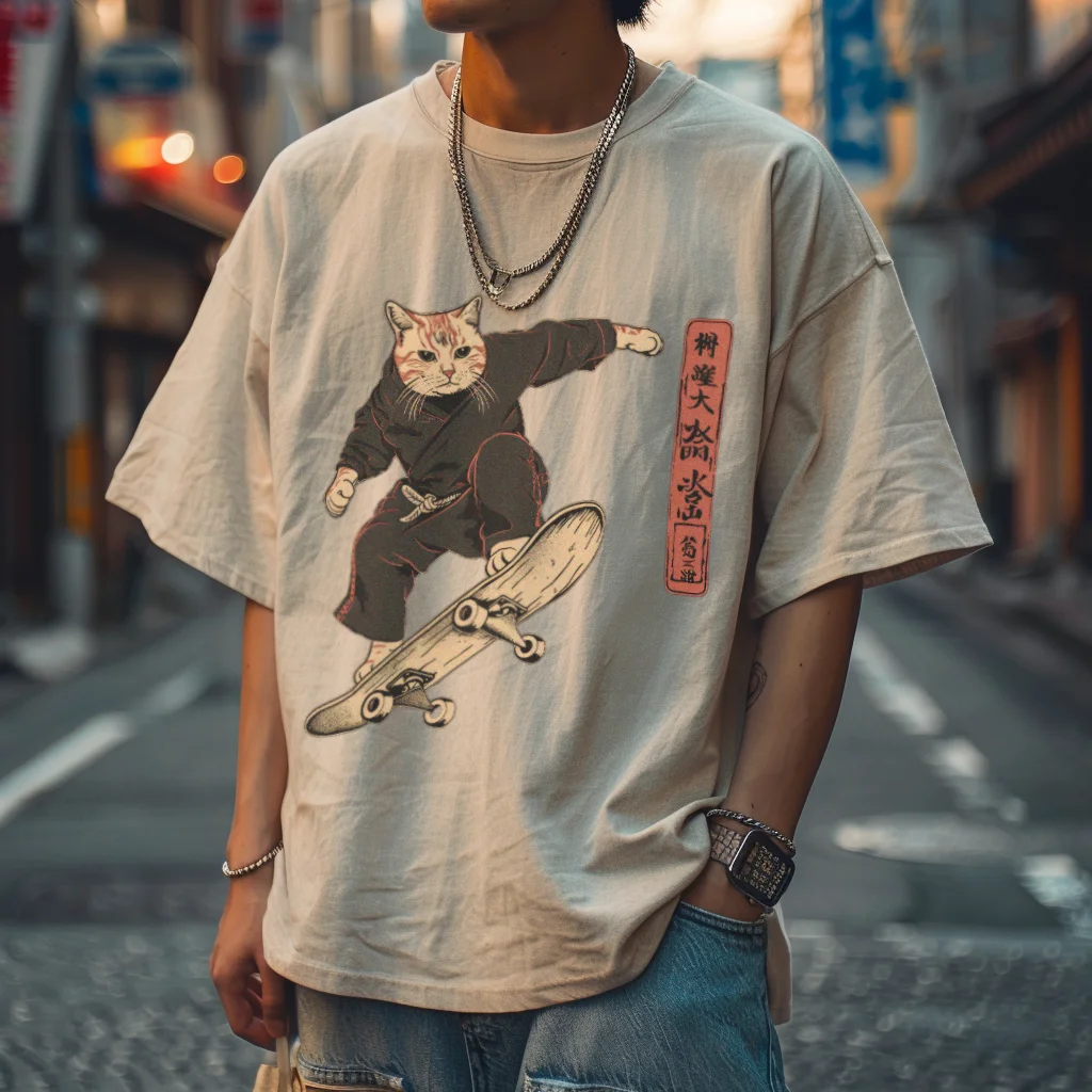 

Hiphop Top Washed T shirt, Cartoon Cat Skateboarding Ukiyoe, Oversized Vintage Summer Streetwear Washed T-shirts For Women Men