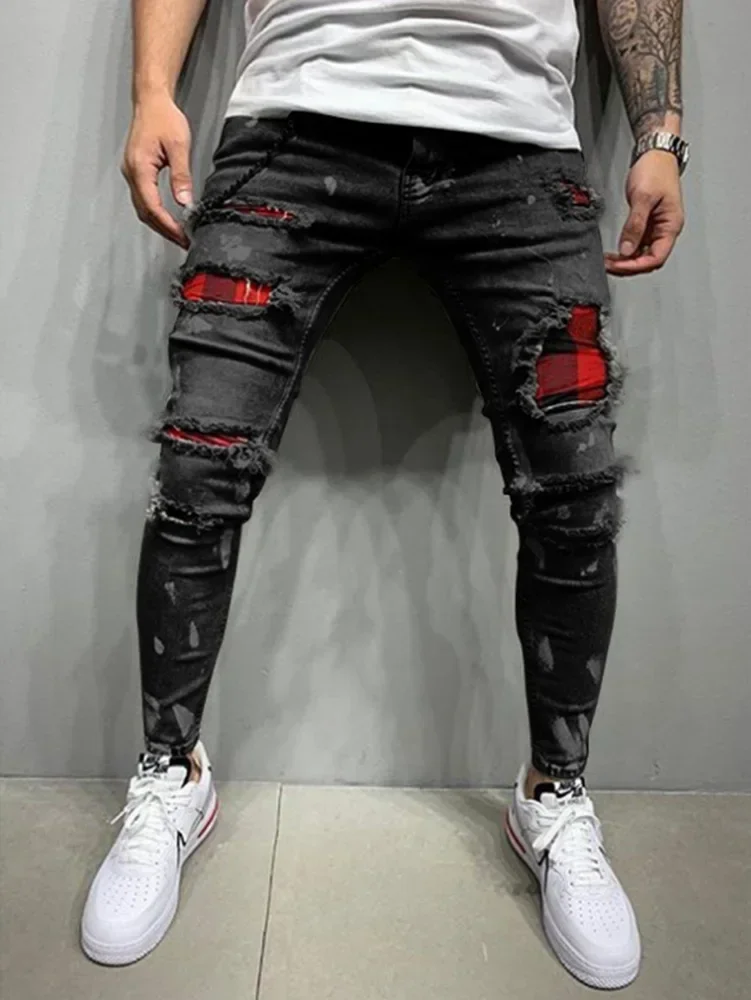 Mężczyźni Biker Slim Elastic Denim Cargo Pants Joggers High Quality Hole European and American Fashion Streetwear Ripped Skinny Jeans