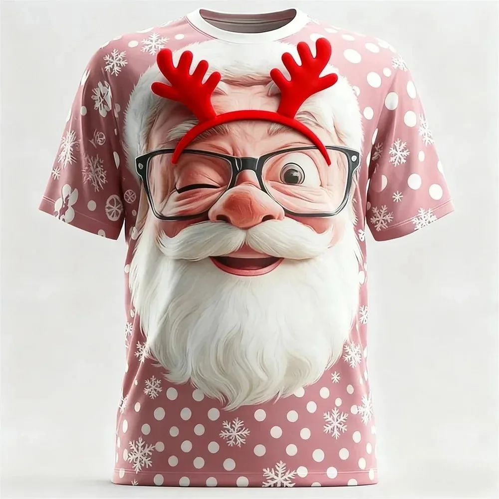 Fun Santa Claus 3D Print Sporty Men T-shirt Casual Loose Street Christmas Party Harajuku Cartoon Cute Short-sleeve Clothing Top