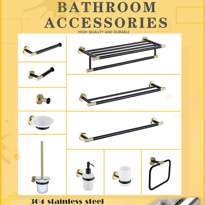 Brushed Gold Black Bathroom Towel Rack Paper Holder Soap Pot Toothbrush Holder Toilet Brush Wall-Mounted Hardware Accessories