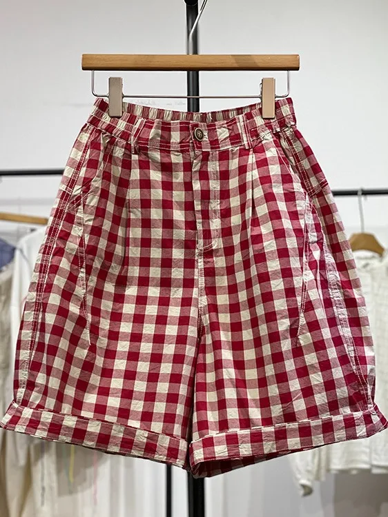 Pantalones ort de pierna ancha a cuadros rojos Retro para mujer, novedad de verano, pantalones holgados informales de cinco puntos, mezcla de algodón de cintura alta