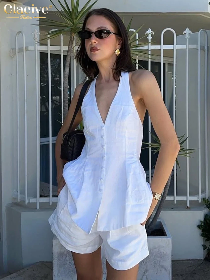 

Clacive Summer Loose White Cotton 2 Piece Sets Woman Outfit Fashion Sleeveless Tank Top With High Waist Shorts Set Streetwear