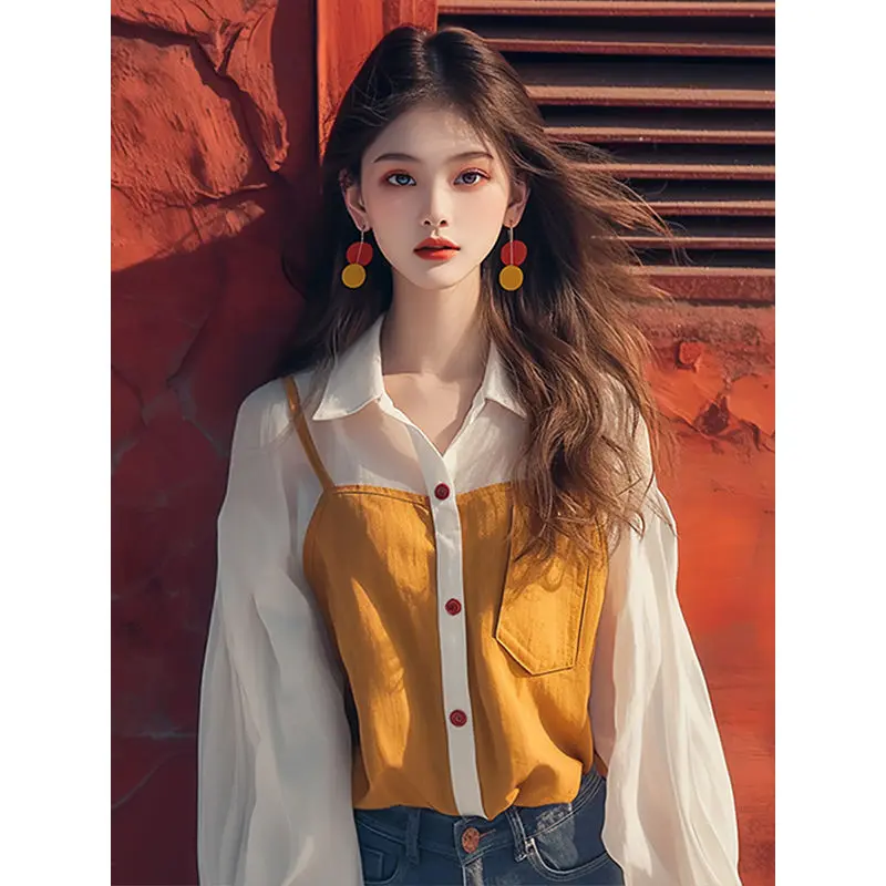 Retro Hong Kong Style Patchwork Fake Two-piece Long Sleeved Shirt for Women with a Niche Design Polo Collar Loose Top