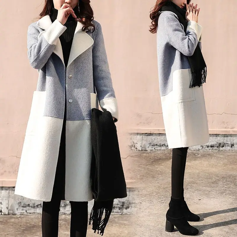 

Women's Elegant Stitching Woolen Overcoat, Mid-Length Fashion, Casual Loose Outwear, Female All-Match Outwear, Autumn, Winter