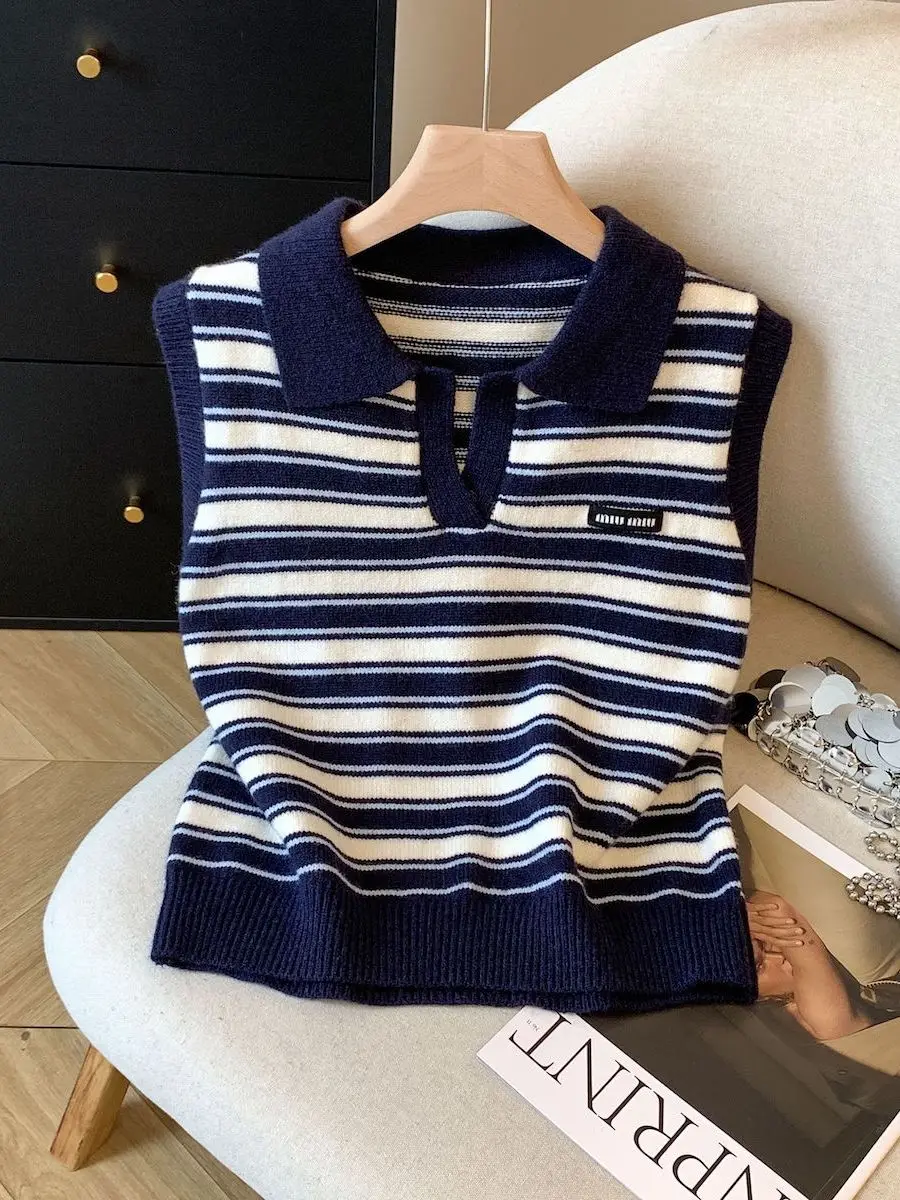 

Retro Collar Color Blo Striped Knitted Vest Women's Early Autumn Layering Slimming Sli Top Polyester Fiber