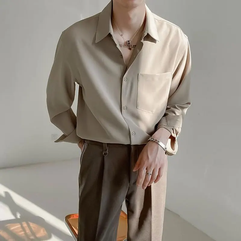 Camisa de manga larga de Color sólido para hombre, POLO con cuello de botonadura única, suelta, informal, moda coreana, primavera y otoño, nueva