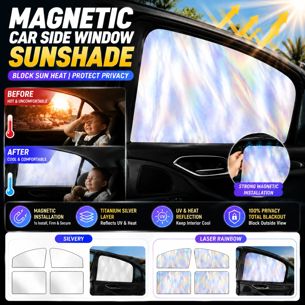 Car Magnetic Window Sun Shade Laser Coating Heat Insulation UV Protection Full Privacy Blackout Cover Car Window Sun Visor