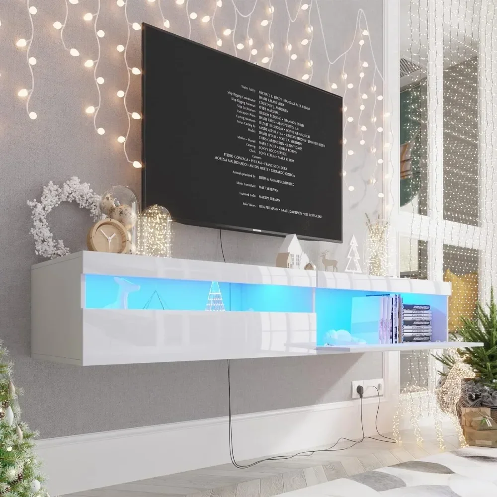 Soporte flotante para TV con luces LED, estante para TV montado en la pared de 71 pulgadas con toma de corriente, con gabinete de almacenamiento, televisores de hasta 80 pulgadas