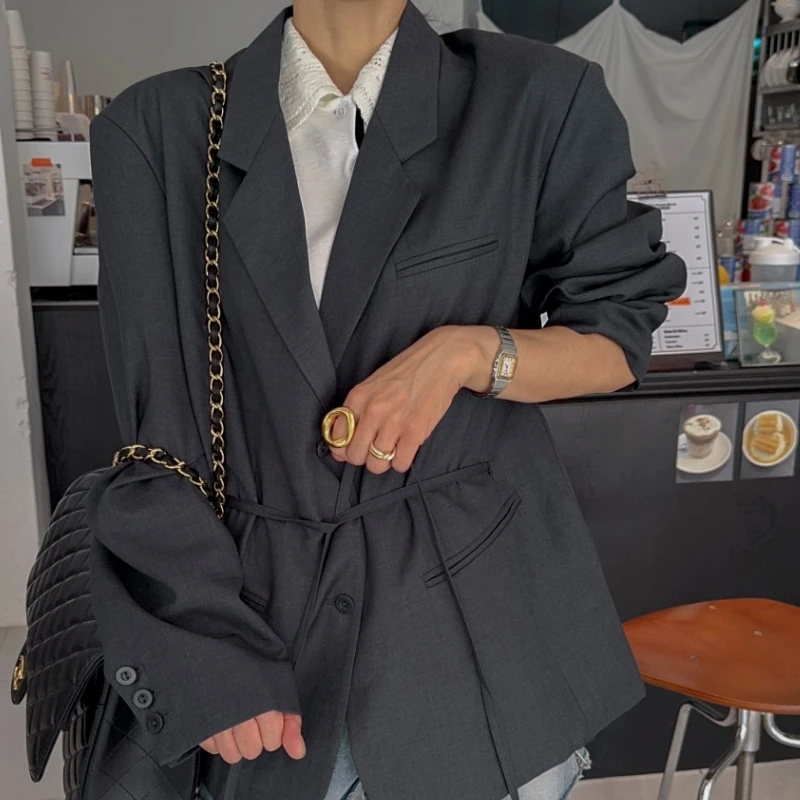 

Elegant Chic Vintage Early Autumn Belted Waistcoat Loose Fit Suit Jacket for Women Cotton Material Versatile Style Daily Wear