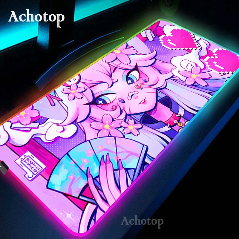 

Gaming Mouse Pad Anime Cat Girl Speed RGB LED Light Desk Mat XXL Computer Mousepad Backlight Keyboard Big Mause Carpet 100x55cm