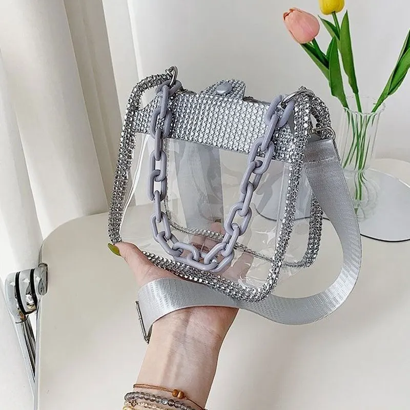 الموضة الكورية 2023 جديد يده بولي كلوريد الفينيل جيلي Crossbody حقيبة نسائية سلسلة لامعة ملعب الهاتف المعتمدة حقيبة رافعة