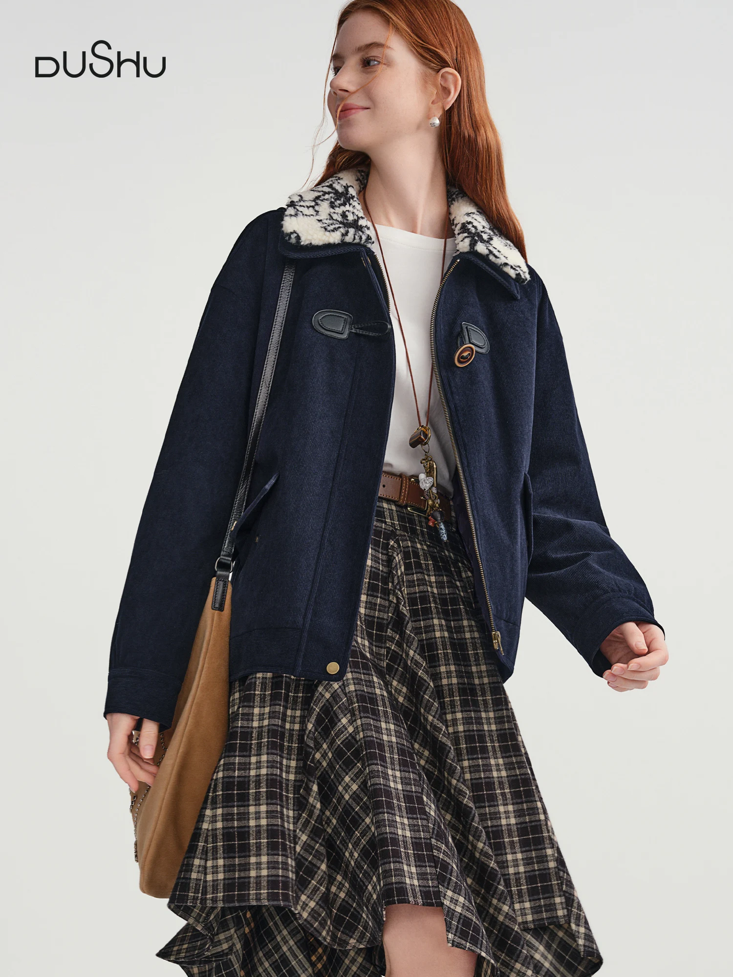 

DUSHU Plus-Size Women's Shearling Collar Corduroy Lined Mid-Classic Blue Tone Jacket Fall-Winter 2025 New Arrival Coat Jackets