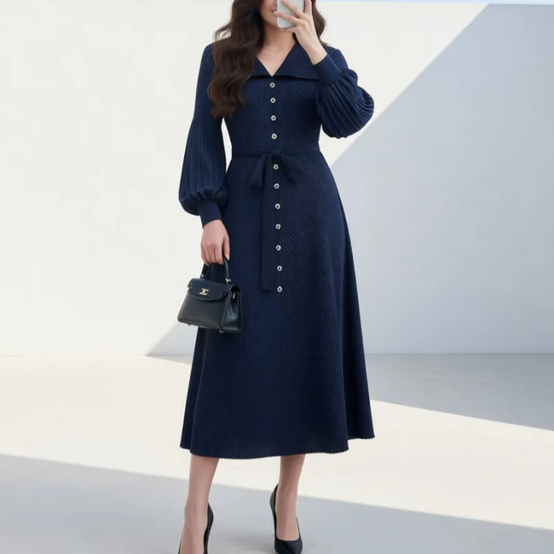 مياكي أوروبا فساتين نسائية جديدة مطوي التلبيب بأكمام طويلة بلون الدانتيل متابعة الخصر حجم كبير فستان طويل مرن الملابس