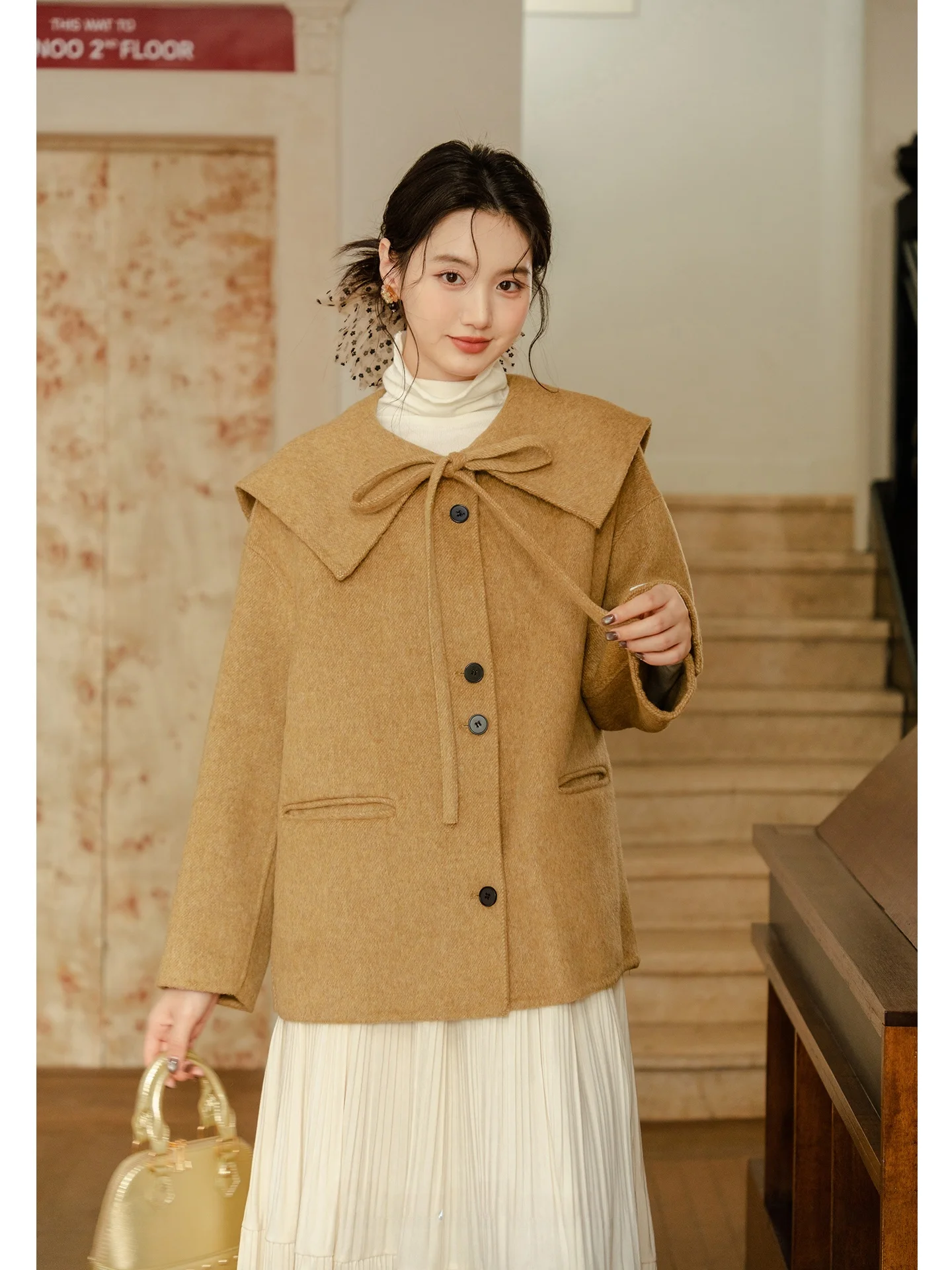 

Thiened ort Double-sided Woolen Coat for Women Navy Collar Plaid Design Winter Outerwear Retro Sle Large Knot