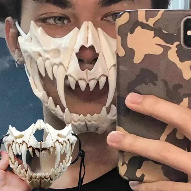 Halloween Skull Half Face Mask Halloween Long Teeth Demon Skeleton Unisex Wolf Dragon Tiger Cosplay Costume Prop Party Women Men