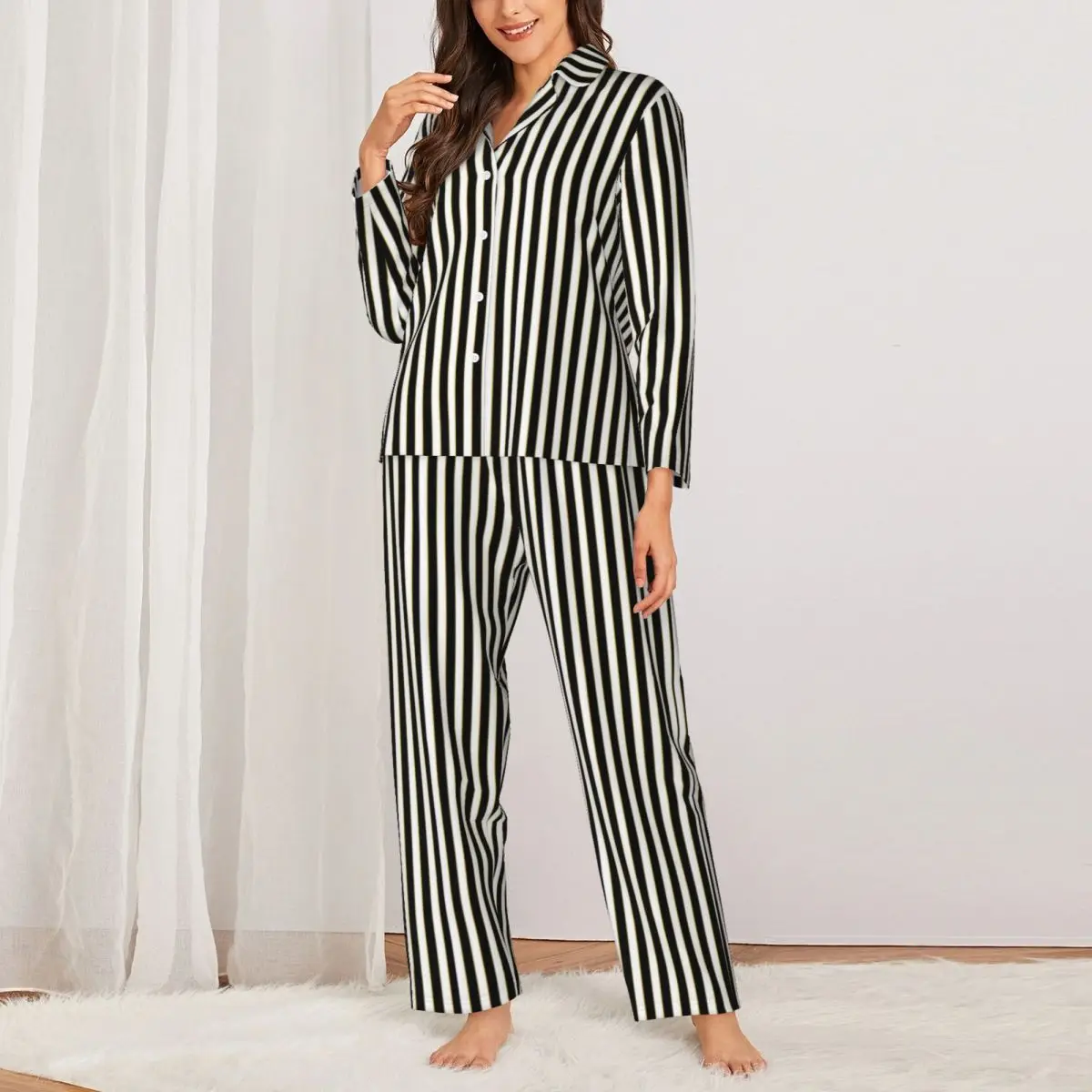 Pajamas Female Vertical Striped Bedroom Sleepwear Black White Lines Casual Pajama Set Long Sleeve Fashion Oversized Home Suit