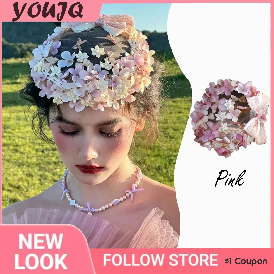 Vintage Sweet Pink Flower Floral Headband Beanie Hats for Wedding Parties Flowers Wreath Headpiece Elagant Bridal Accessories