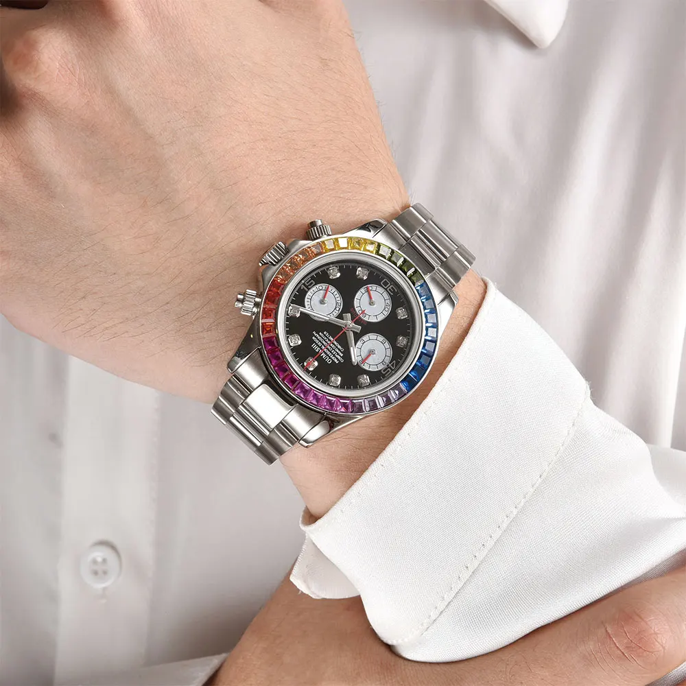 

40mm Rose gold Men's Watch Rainbow Watch Sapphire Luxury Chronograph Stainless Steel Waterproof Men's Watch vk63 movement