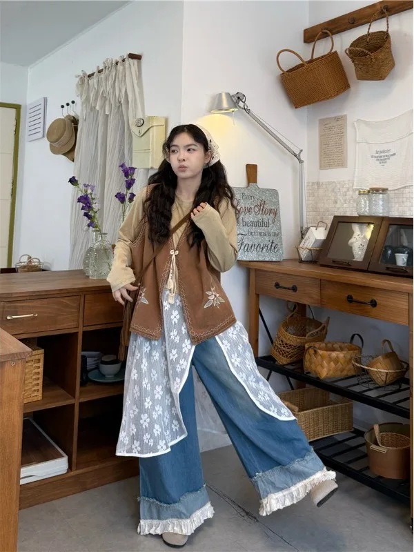 

Retro Japanese Style Layering Set Women's Spring 2026 New Sleeveless Vest Long Sleeve T-Shirt Denim Jeans Three-piece Set INS