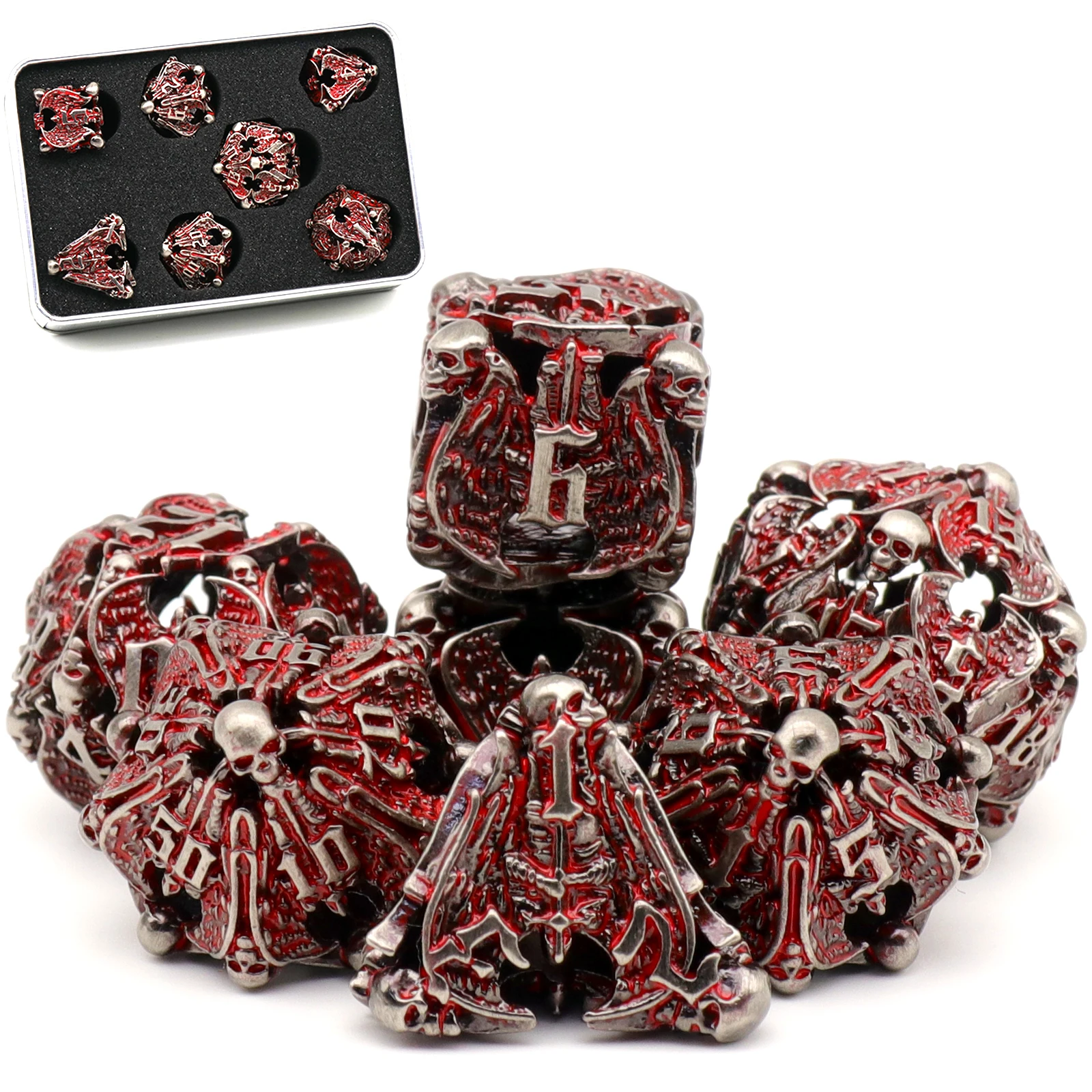 Hollow Metal DND Dice Set,ZHOORQI 7Pieces D&D Dice Set for Role Games,Pathfinder,Table Games(Blood Red)