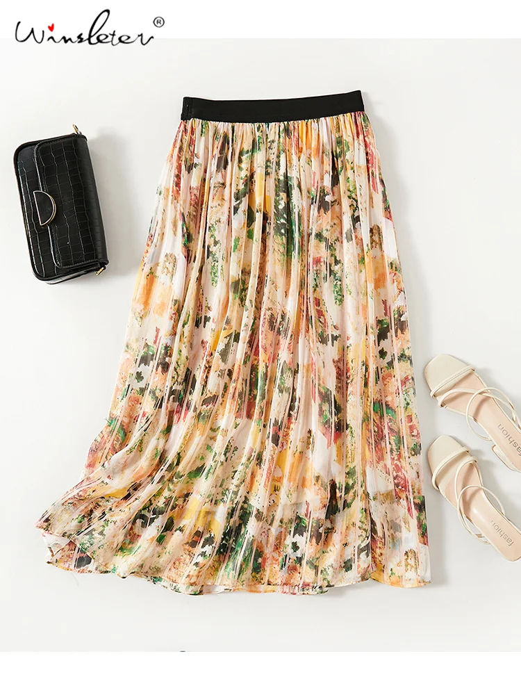 

Winsleter, 100%Real Silk Elegant Skirts, Women Elastic Waisted Floral, Vacation Fashion Skirt, 2024 Summer Autumn B46824QM