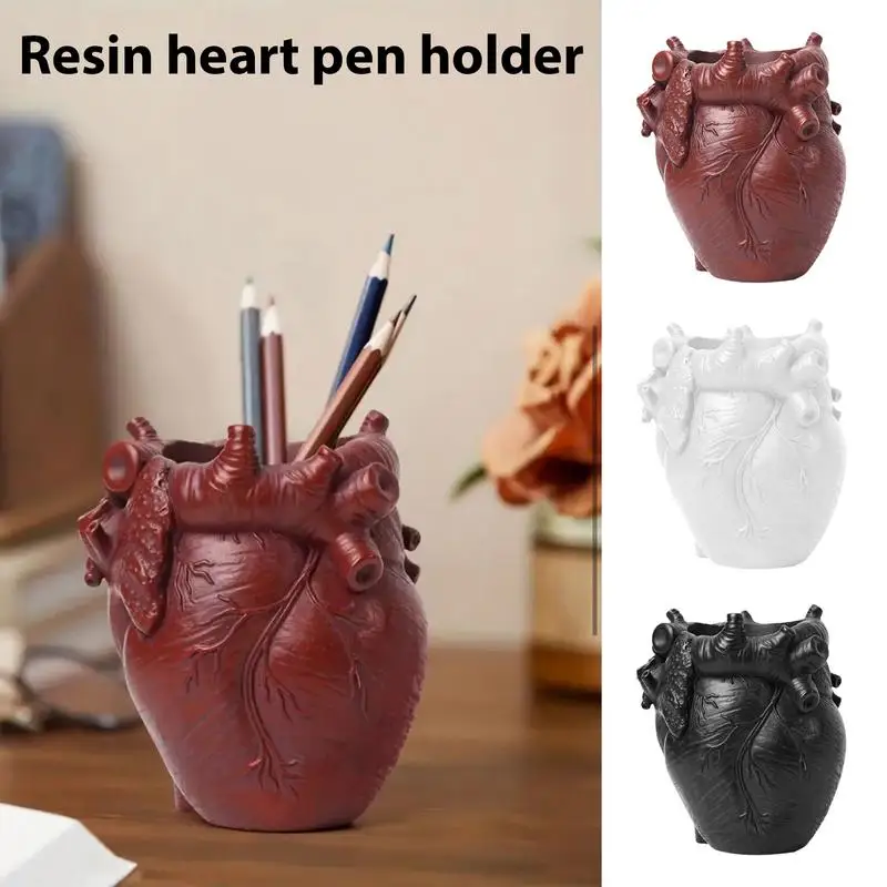 Pencil Holder For Desk Heart Design Pencil Card Holder Study Bookshelf Decor Resin Art Supply Storage Organizer Makeup Brush