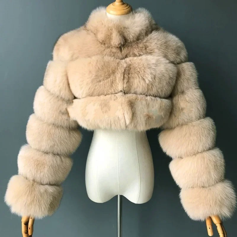 Mantel Tebal Hangat Bulu Imitasi Wanita, Jaket Pendek Kerah Tegak dengan Ritsleting, Model Seksi untuk Musim Gugur dan Musim Dingin