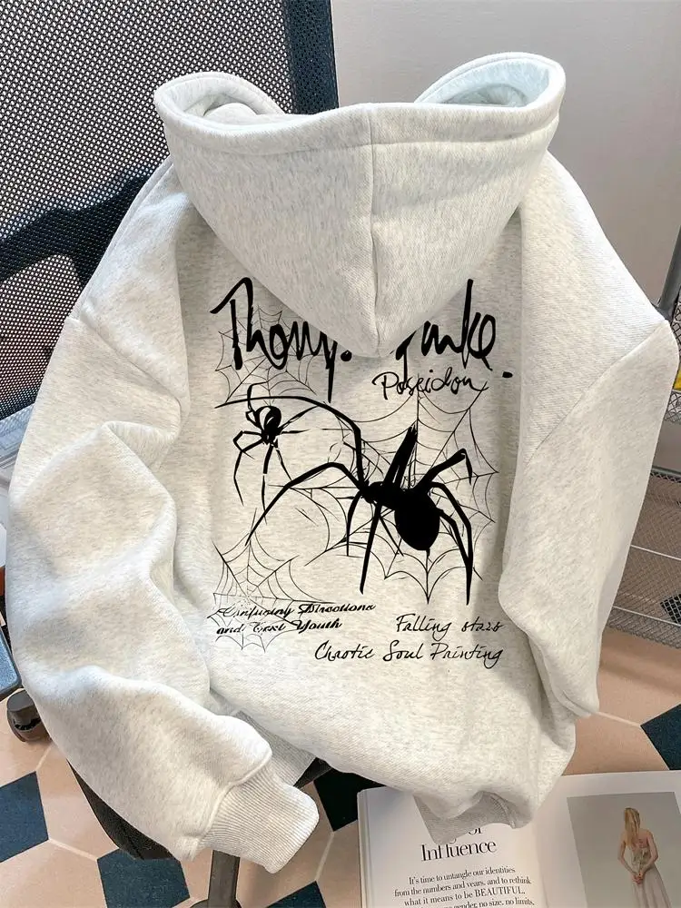 2025 American Streetwear Brand High-end Spider Letter Adult Men's Autumn Winter Fleece Warm Outdoor Loose Soft Hooded Sweatshirt