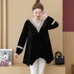 Oversized Women Clothes Loose Patchwork V-neck T-Shirts Autumn Winter New Simplicity Irregular Pullover Top Tee Women Clothing