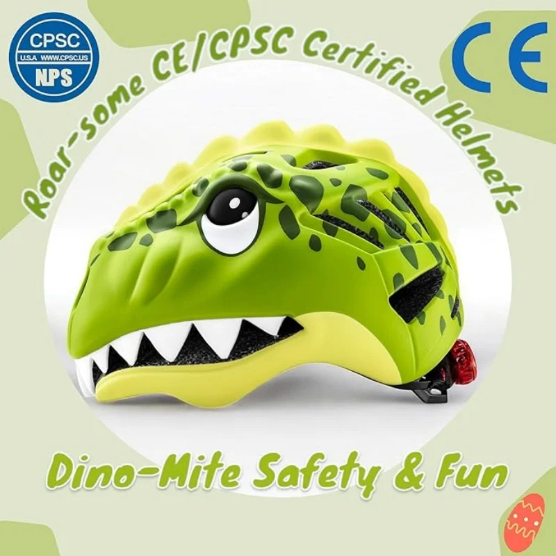 

KINGBIKE Toddler Kids Cross Bike Helmet 2-3-5-8 Years Size Adjustable Dinosaur Helmet Child Safety Helmet with Led Light