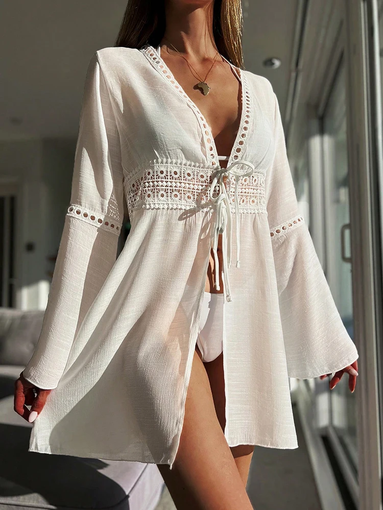 

Beach Cover Up Long Sleeve V-Neck Pareo Beachwear Sun Protection Clothes Knitted Beachwear Lace Cover-Up Vacation Beach Dress