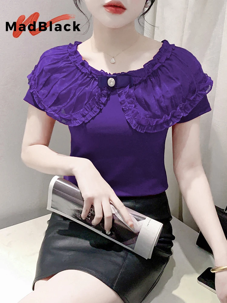 MadBlack-Women European T-Shirt, Sexy O Neck Ruffles Diamond, Streetwear Short Sleeve Slim M-3XL Tee, 2026 Summer New T63508CC