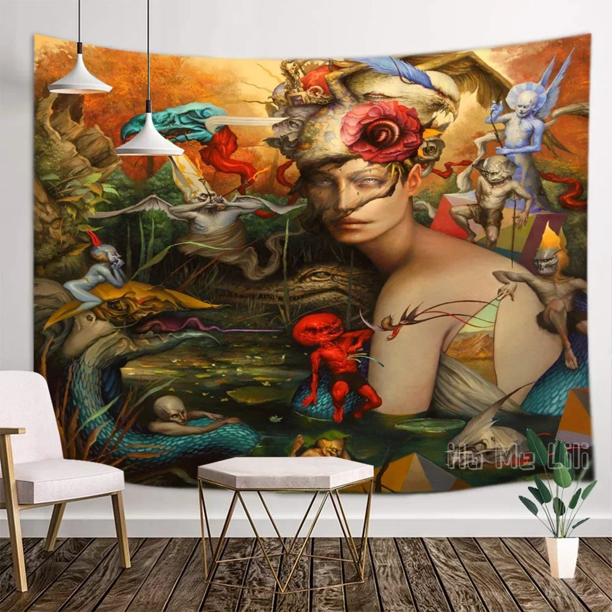 Artista surrealista basado en Ángeles Dan Quintana pintado una tapiz de muebles interiores únicos