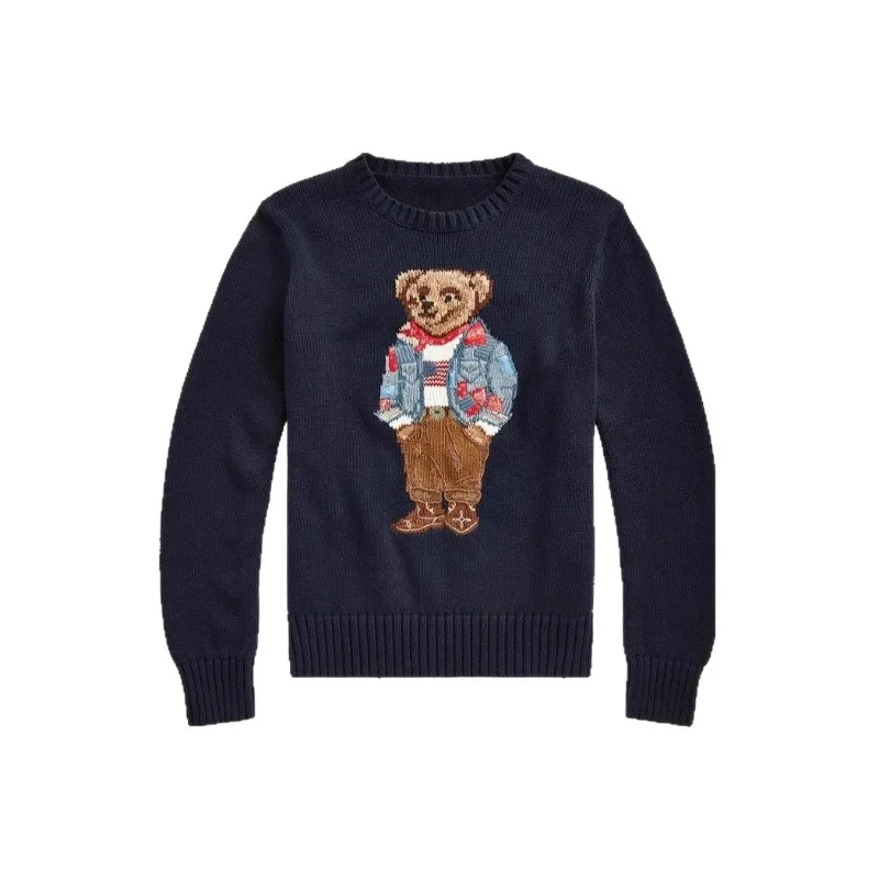 2025 New Women's Cotton Cartoon Bear Print Sweater Round Neck College Style Youthful Loose Fit for Autumn Winter Casual