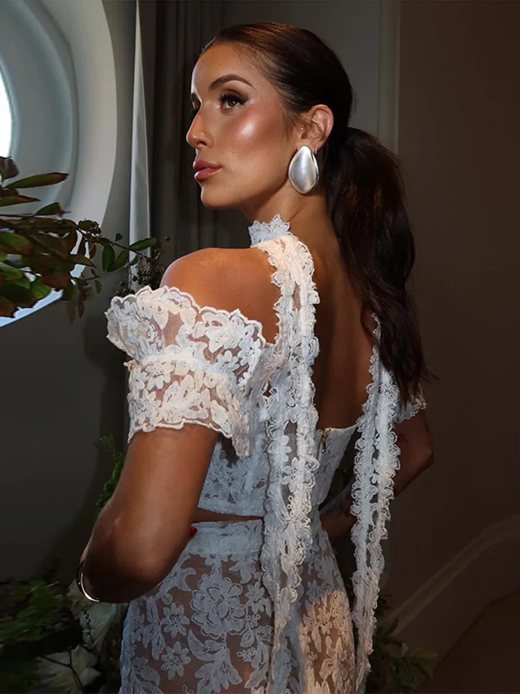 Conjunto de falda calada de encaje para mujer, Top corto con cinta y cuello cuadrado, minifalda dividida, traje femenino de verano 2025