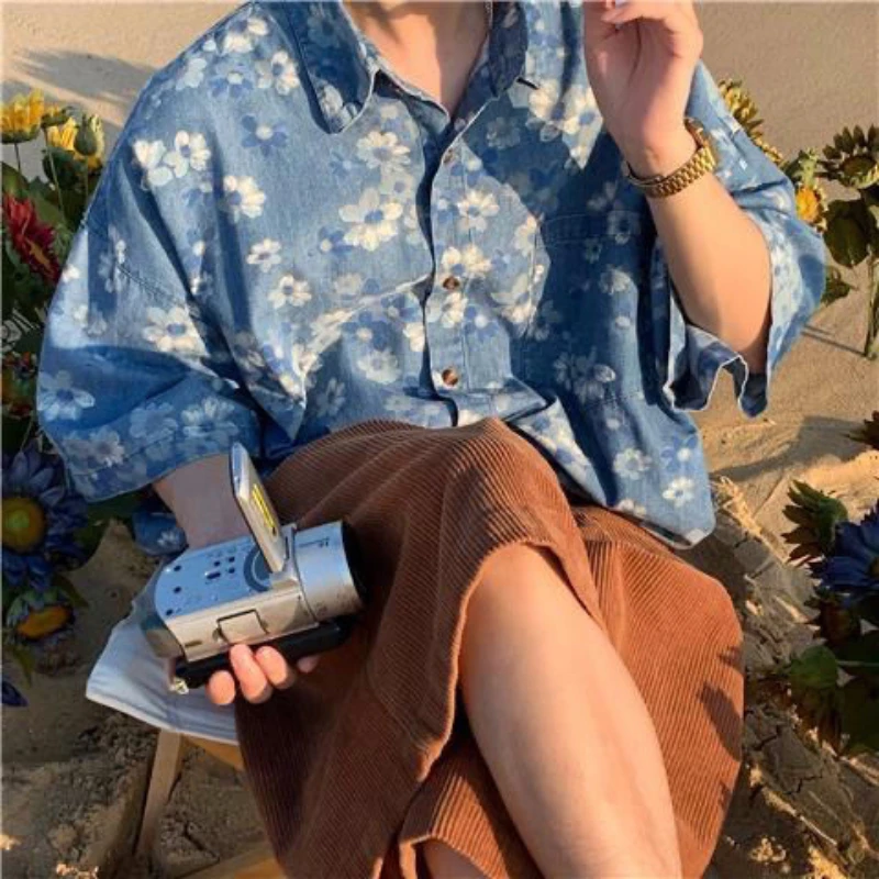 

Korean Style Retro Chic Short-sleeved Shirt Men's Summer Blue Flower Denim Cardigan Shirt Tees Loose Casual Fashionable Tops