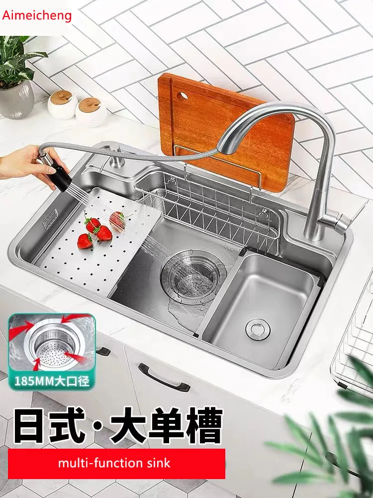 Lavabo plano 3D japonés para el hogar, accesorio de acero inoxidable nano 304, con ranura única grande, para Cocina