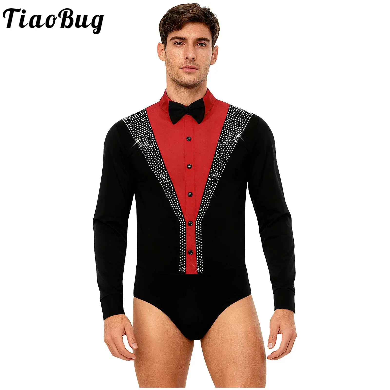 

Men Figure Skating Latin Dance Bodysuit Jazz Ballet Leotard Contrast Color Long Sleeve Zipper Rhinestones Jumpsuit Dance Costume