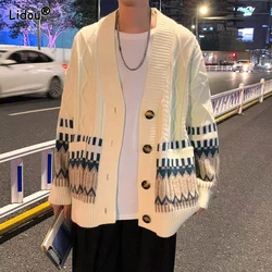 2023 New Autumn and Winter Fashion Academy Style V-neck Printed Single Breasted Loose Casual Oversize Men's Sweater Cardigan